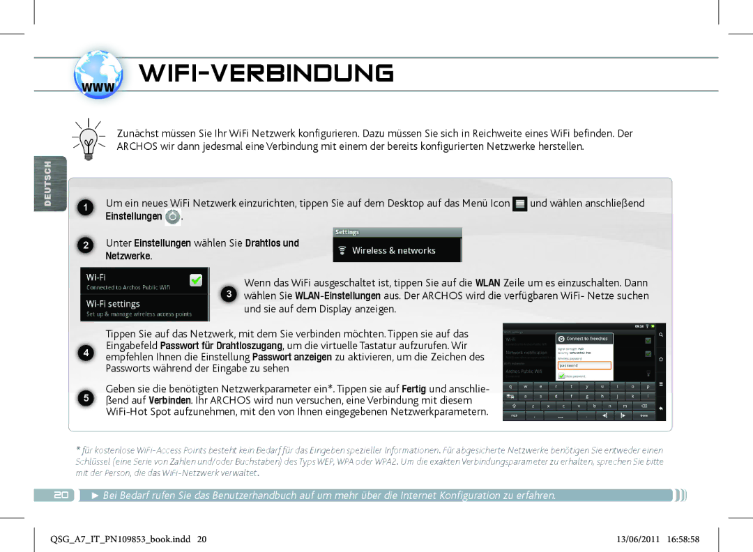 Archos 8700 manual Unter Einstellungen wählen Sie Drahtlos und Netzwerke, Und sie auf dem Display anzeigen 