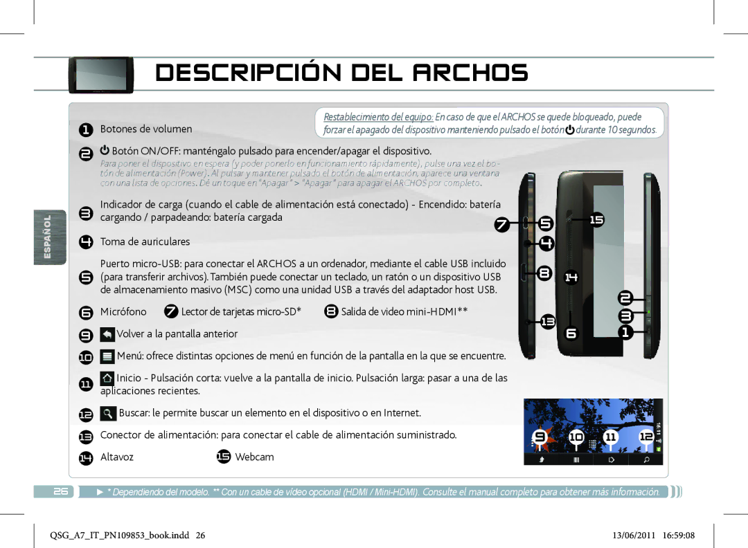 Archos 8700 manual Descripción DEL Archos, Botones de volumen, Cargando / parpadeando batería cargada Toma de auriculares 