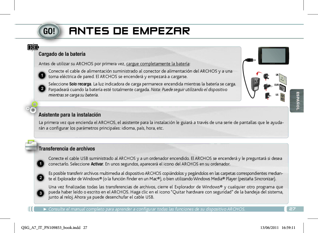 Archos 8700 manual Antes DE Empezar, Cargado de la batería, Asistente para la instalación, Transferencia de archivos 