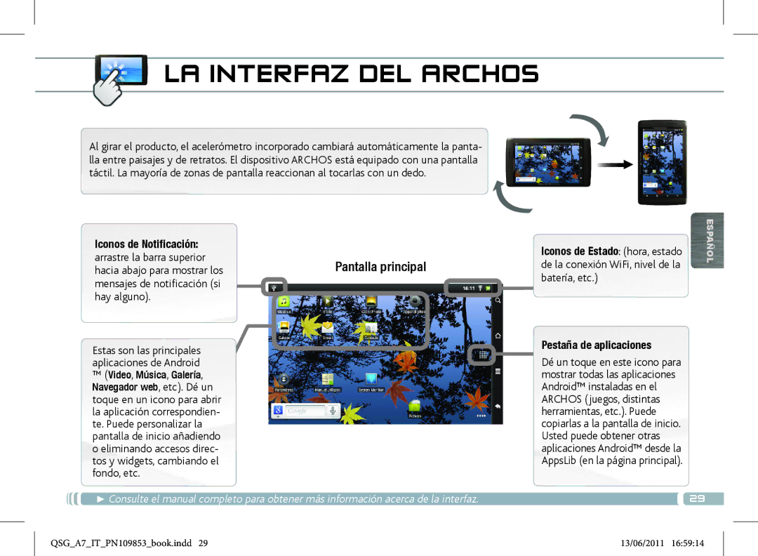 Archos 8700 manual LA Interfaz DEL Archos, Iconos de Notificación, Pestaña de aplicaciones 