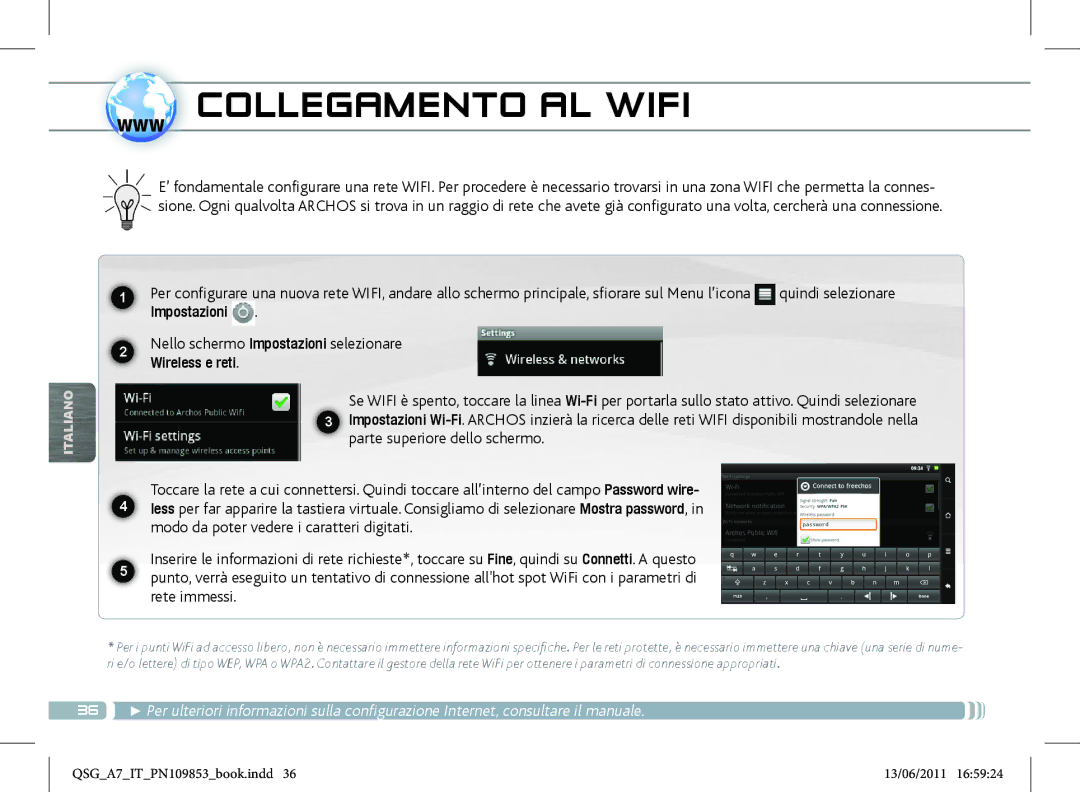 Archos 8700 manual Www Collegamento AL Wifi, Nello schermo Impostazioni selezionare Wireless e reti 