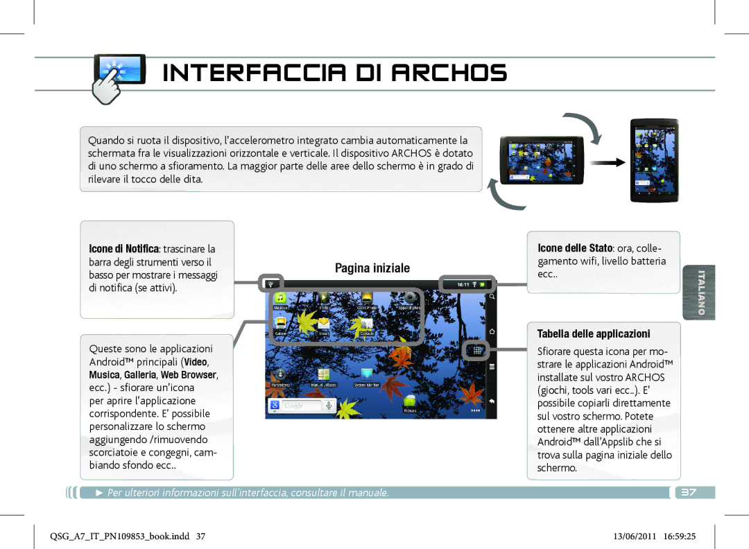 Archos 8700 manual Interfaccia DI Archos, Icone di Notifica trascinare la, Icone delle Stato ora, colle 