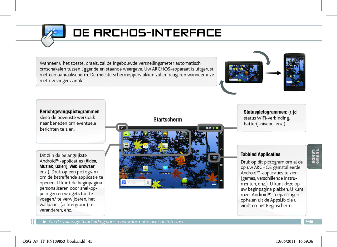 Archos 8700 manual De Archos-Interface, Berichtgevingspictogrammen, Sleep de bovenste werkbalk, Tabblad Applicaties 