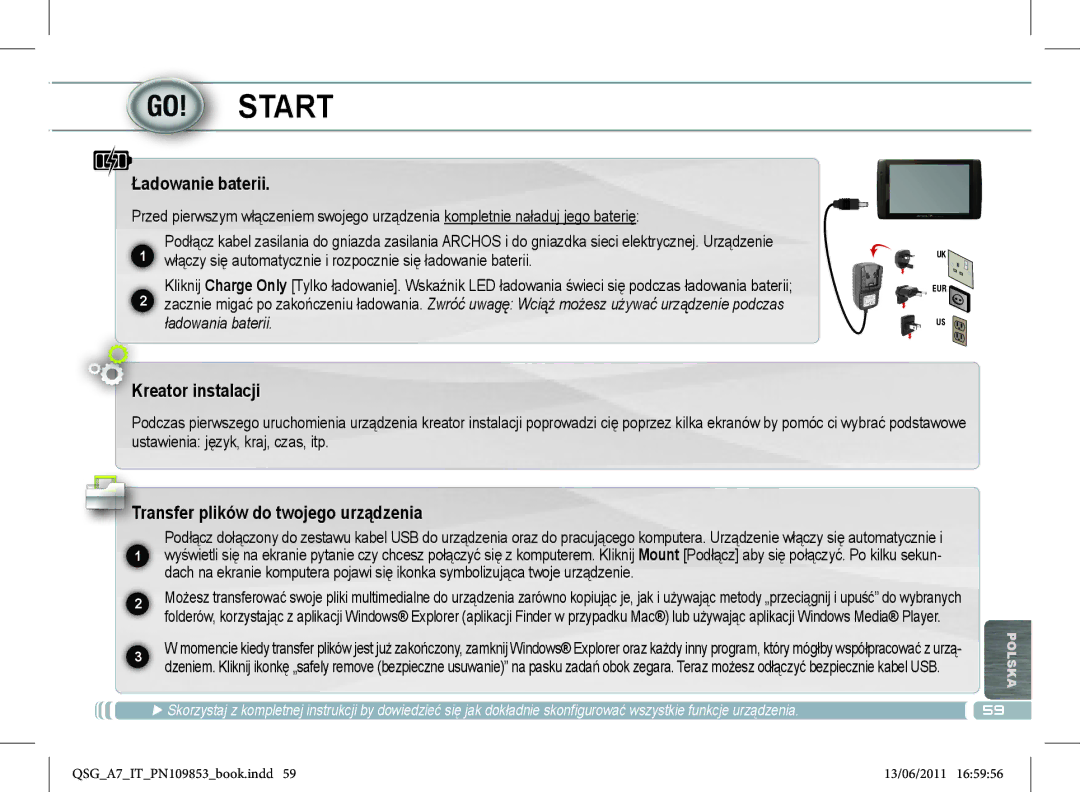 Archos 8700 manual Start, Ładowanie baterii, Kreator instalacji, Transfer plików do twojego urządzenia 