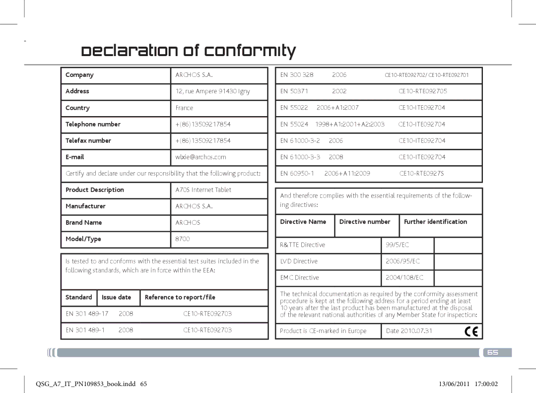 Archos 8700 manual Declaration of Conformity 