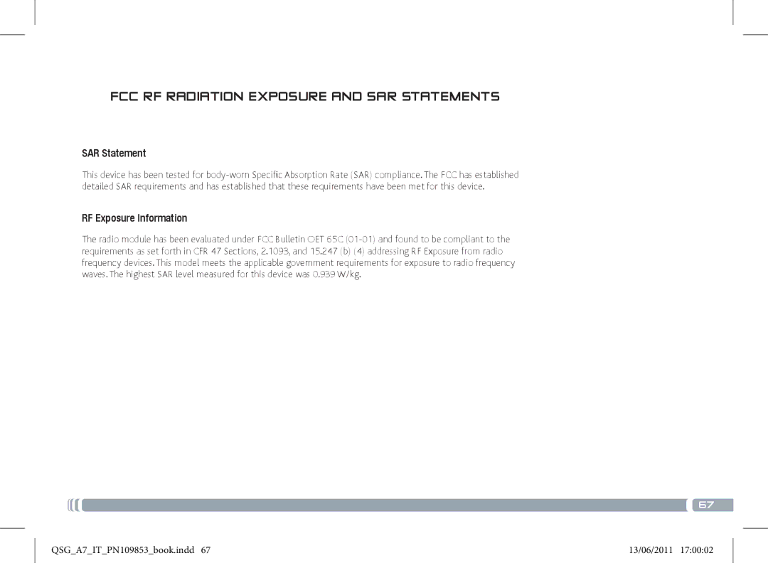 Archos 8700 manual SAR Statement, RF Exposure Information 