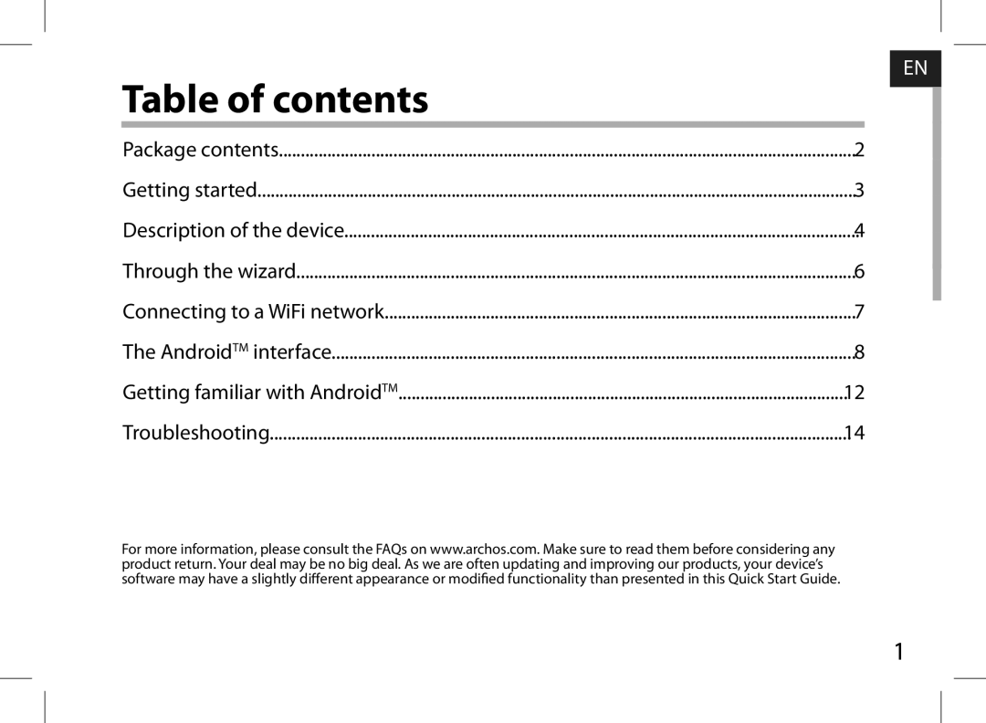 Archos AN8G4 quick start Table of contents 