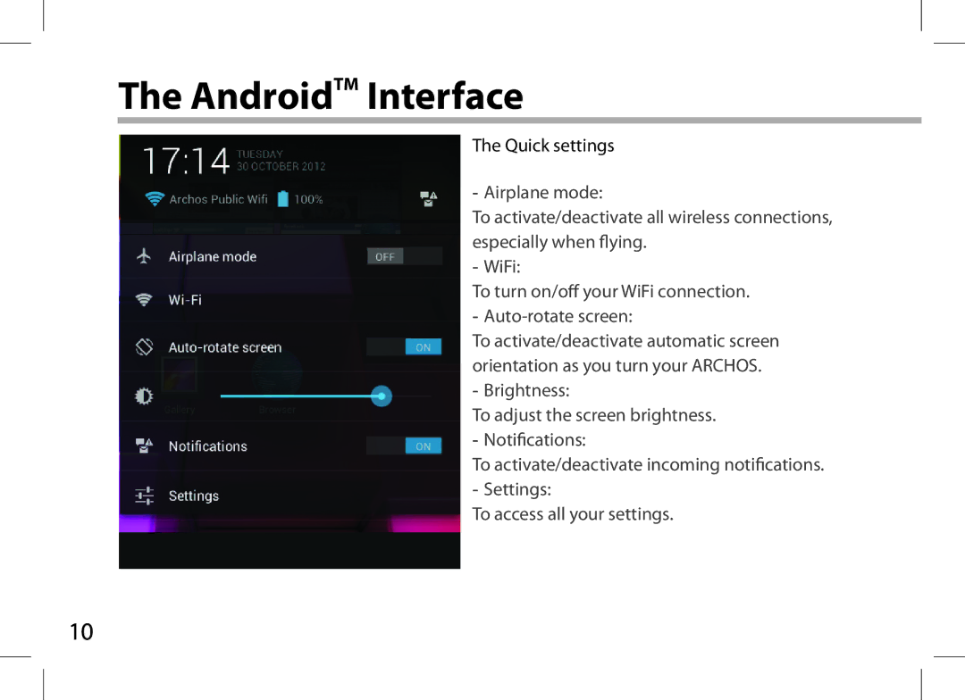 Archos AN8G4 quick start Quick settings 