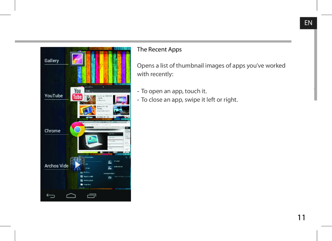 Archos AN8G4 quick start Recent Apps 