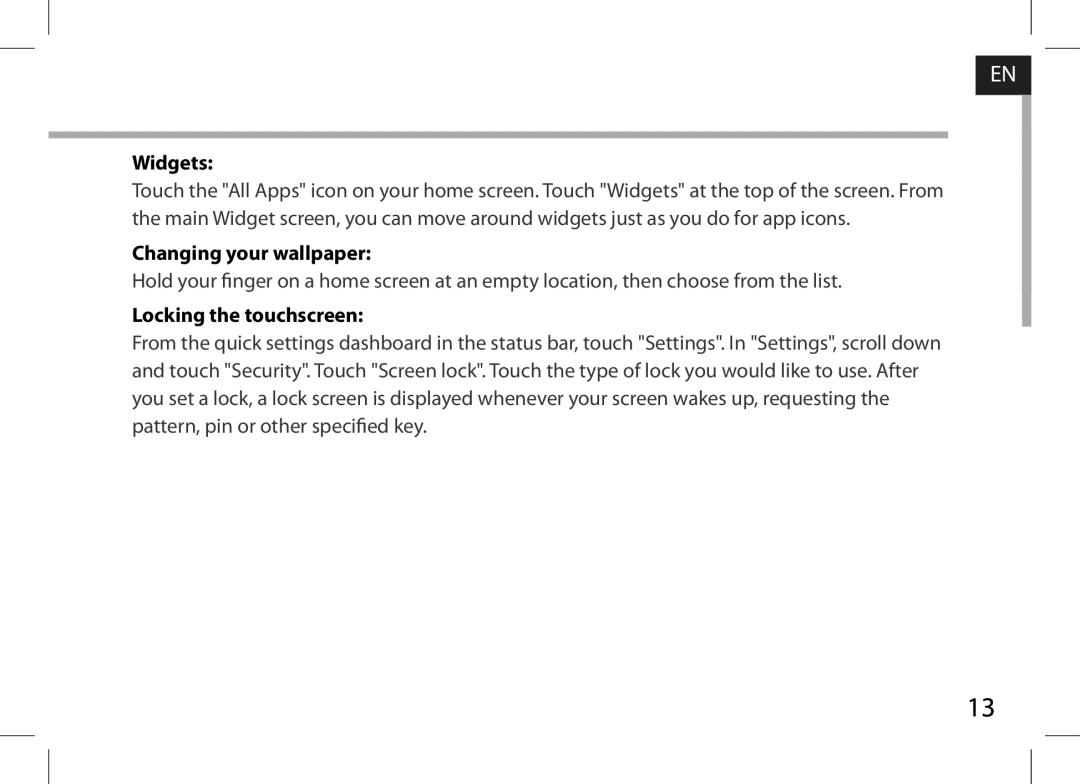 Archos AN8G4 quick start Widgets, Changing your wallpaper, Locking the touchscreen 