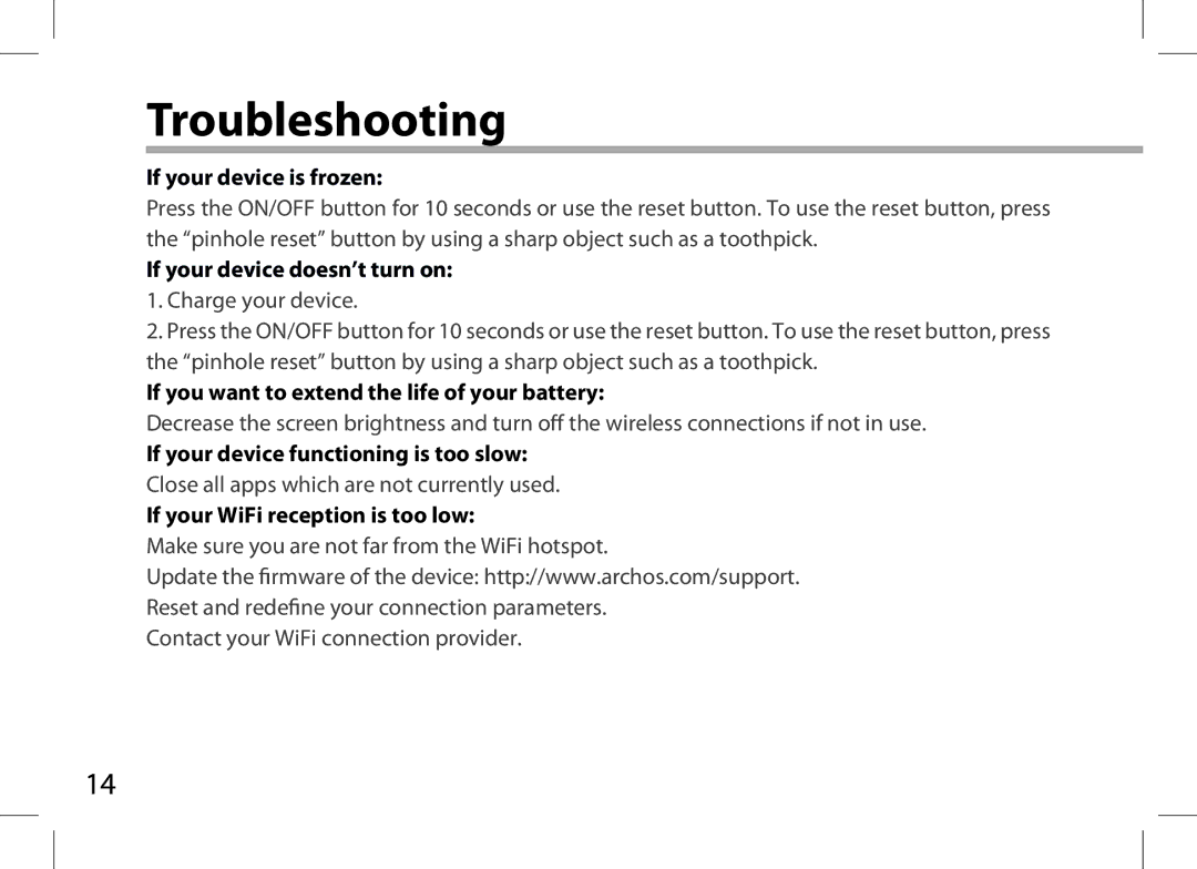 Archos AN8G4 Troubleshooting, If your device is frozen, If your device doesn’t turn on, If your WiFi reception is too low 