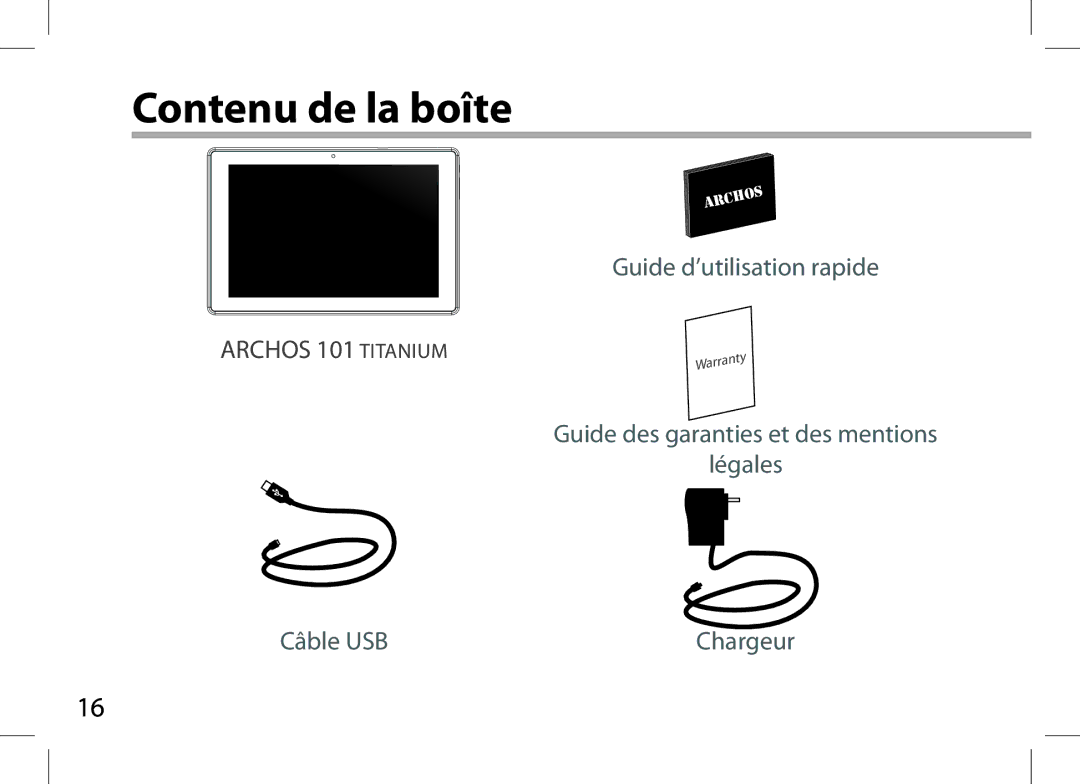 Archos AN8G4 quick start Contenu de la boîte, Archos 101 Titanium 