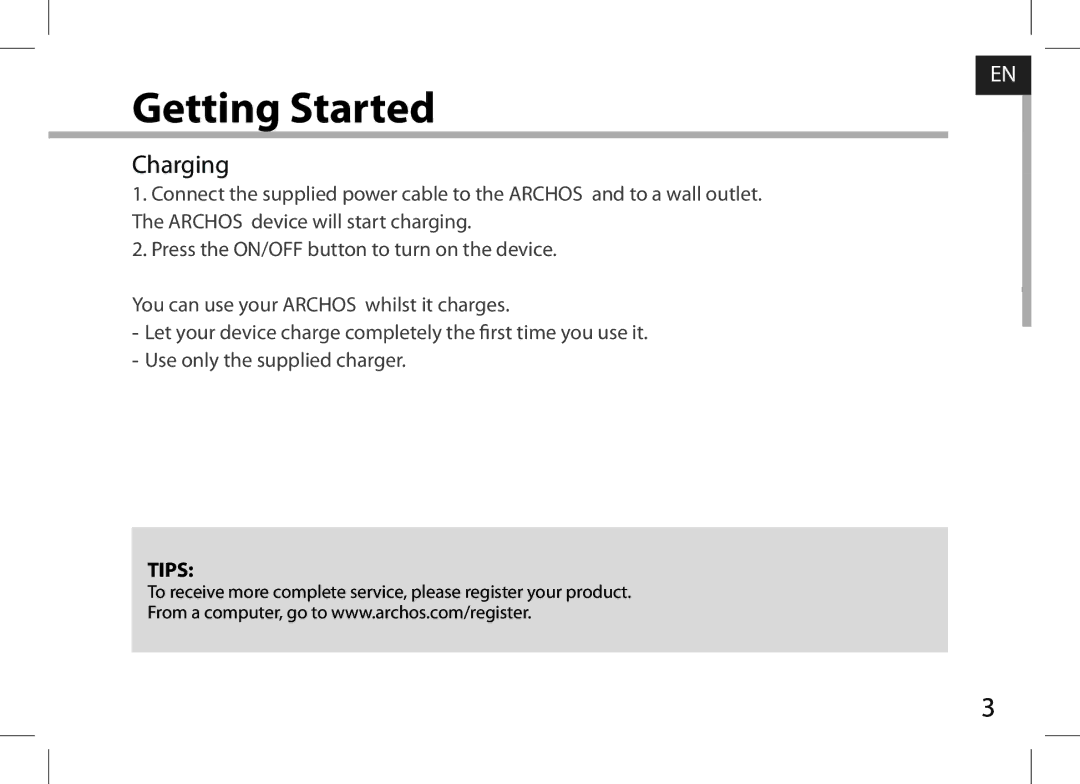 Archos AN8G4 quick start Getting Started, Charging 