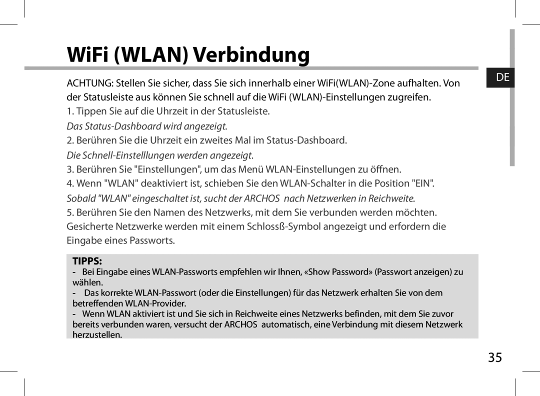 Archos AN8G4 quick start WiFi Wlan Verbindung, Tipps 