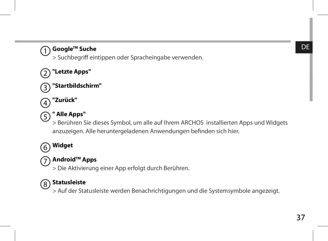 Archos AN8G4 quick start Suche Google, Letzte Apps Startbildschirm Zurück Alle Apps, Widget AndroidTM Apps, Statusleiste 