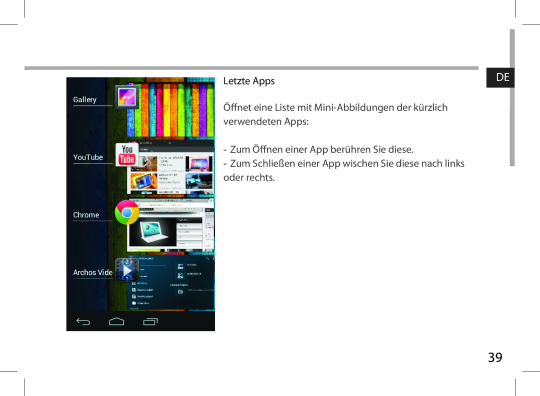 Archos AN8G4 quick start Letzte Apps 