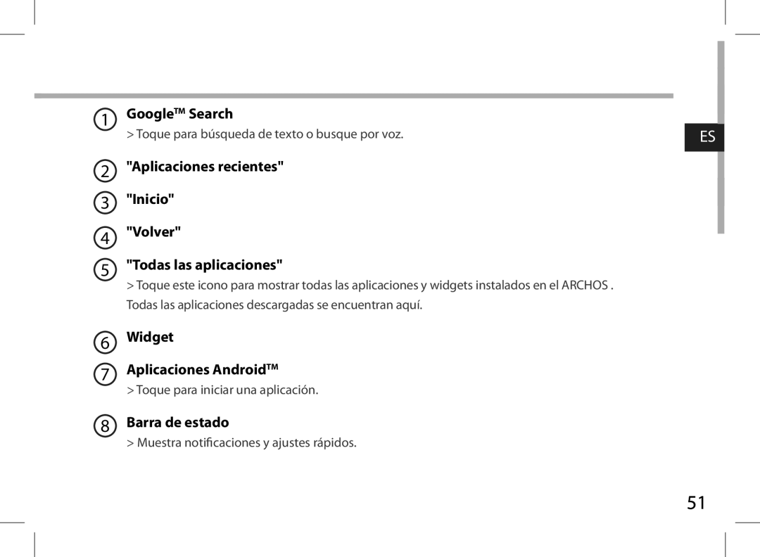 Archos AN8G4 Aplicaciones recientes Inicio Volver Todas las aplicaciones, Widget Aplicaciones AndroidTM, Barra de estado 