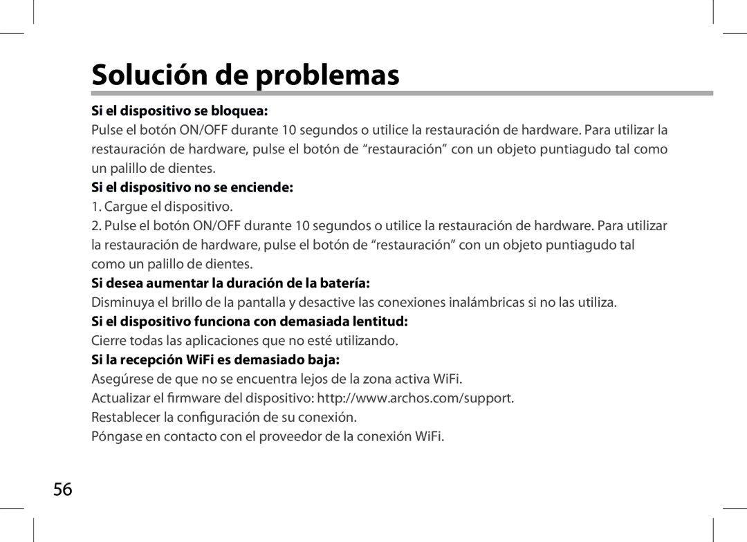 Archos AN8G4 quick start Solución de problemas, Si el dispositivo se bloquea, Si el dispositivo no se enciende 