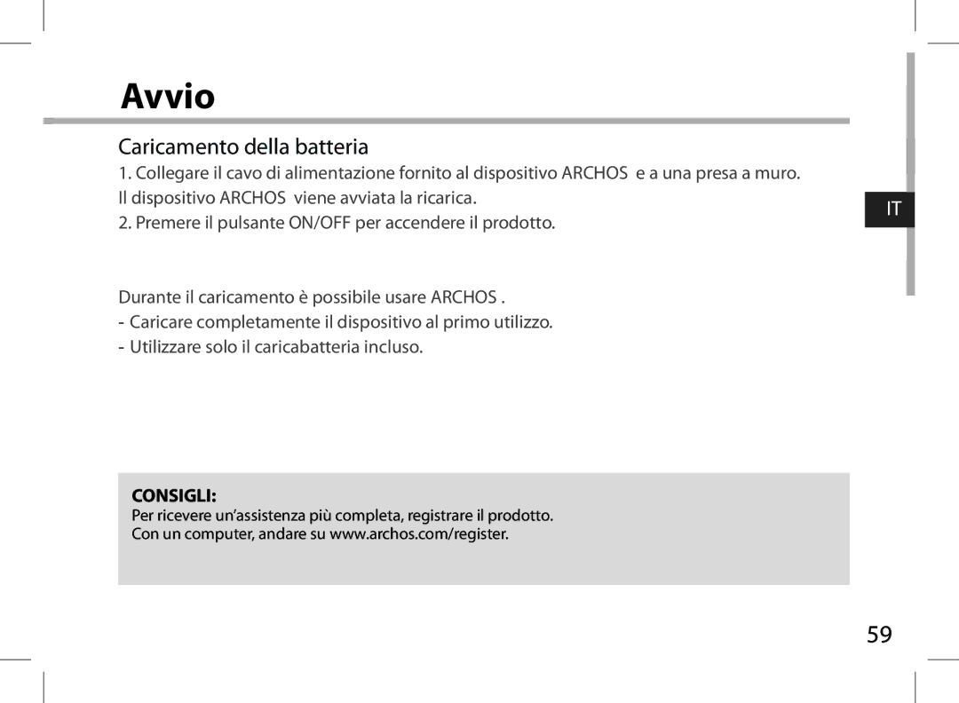 Archos AN8G4 quick start Avvio 