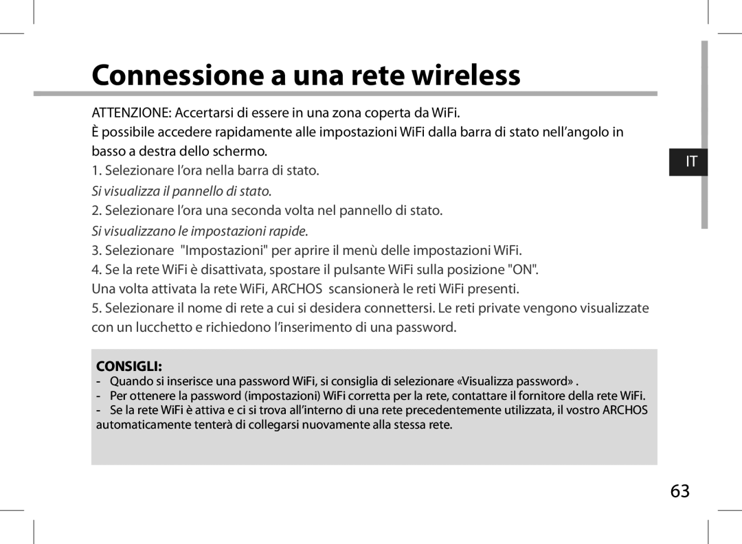 Archos AN8G4 quick start Connessione a una rete wireless, Si visualizza il pannello di stato 