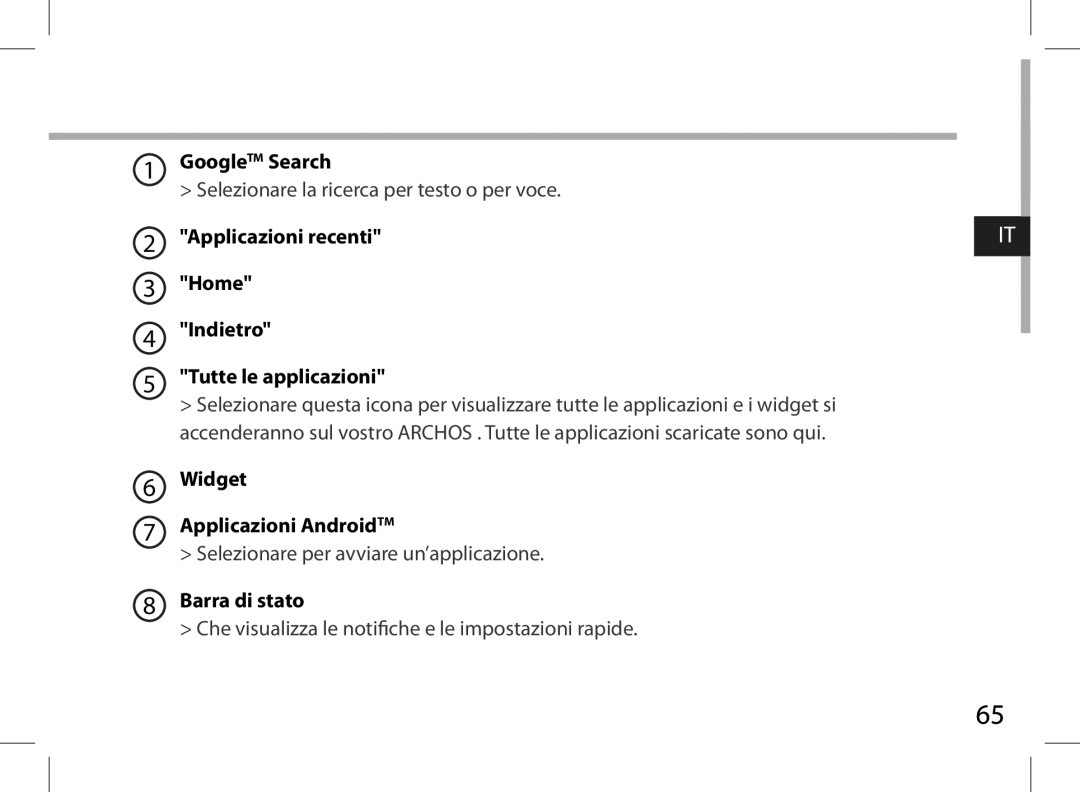 Archos AN8G4 quick start Home Indietro Tutte le applicazioni, Widget Applicazioni AndroidTM, Barra di stato 