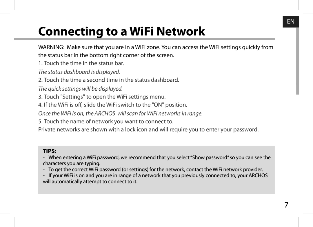 Archos AN8G4 quick start Connecting to a WiFi Network 