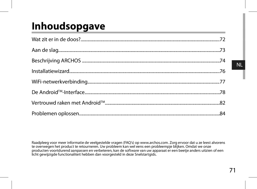 Archos AN8G4 quick start Inhoudsopgave 