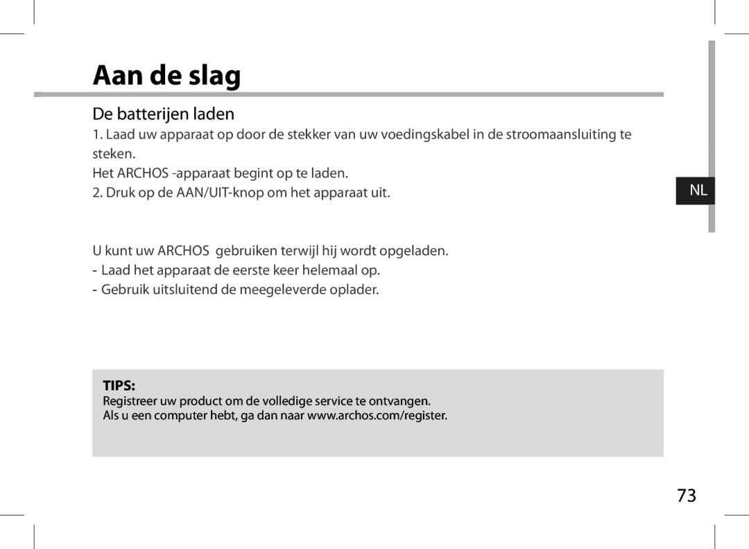 Archos AN8G4 quick start Aan de slag 