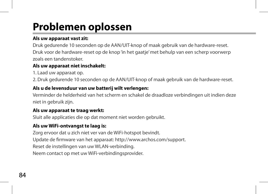 Archos AN8G4 quick start Problemen oplossen 