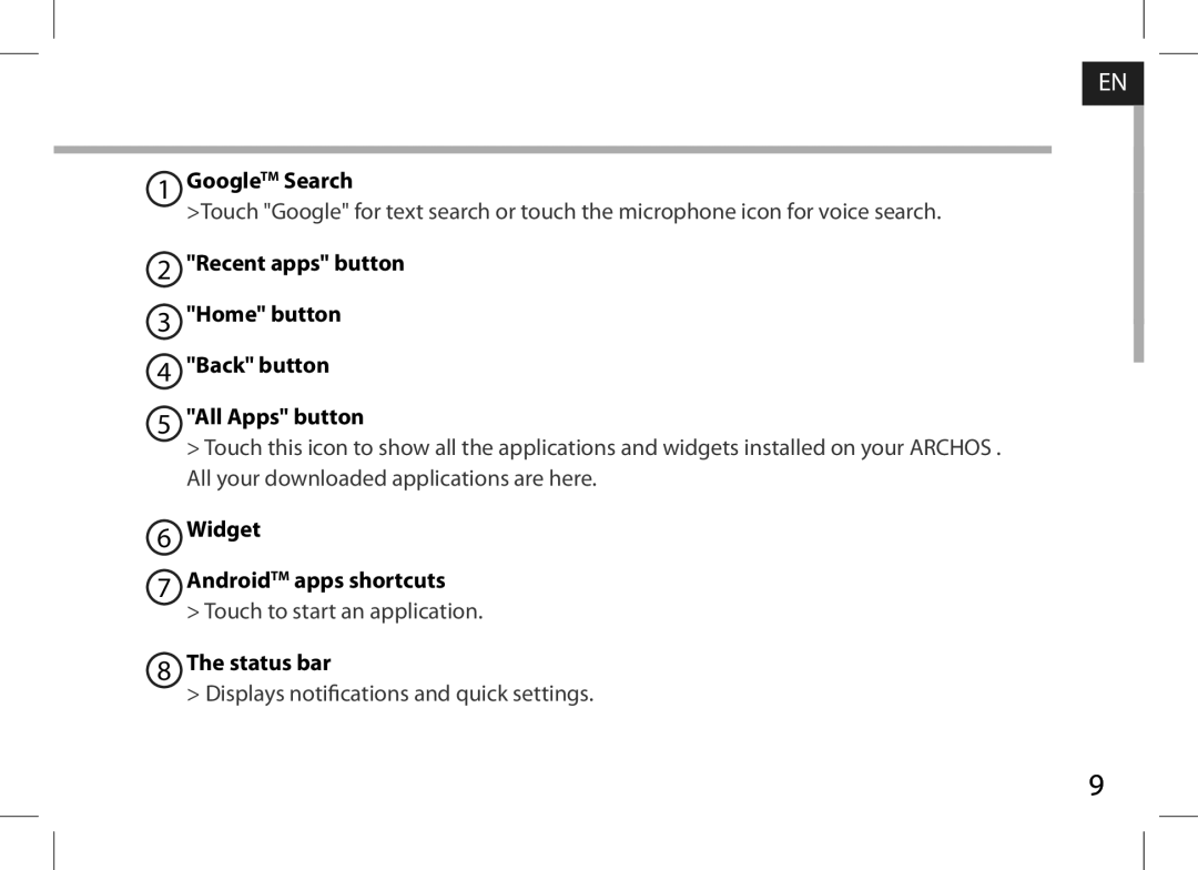 Archos AN8G4 GoogleTM Search, Recent apps button Home button Back button All Apps button, Widget AndroidTM apps shortcuts 