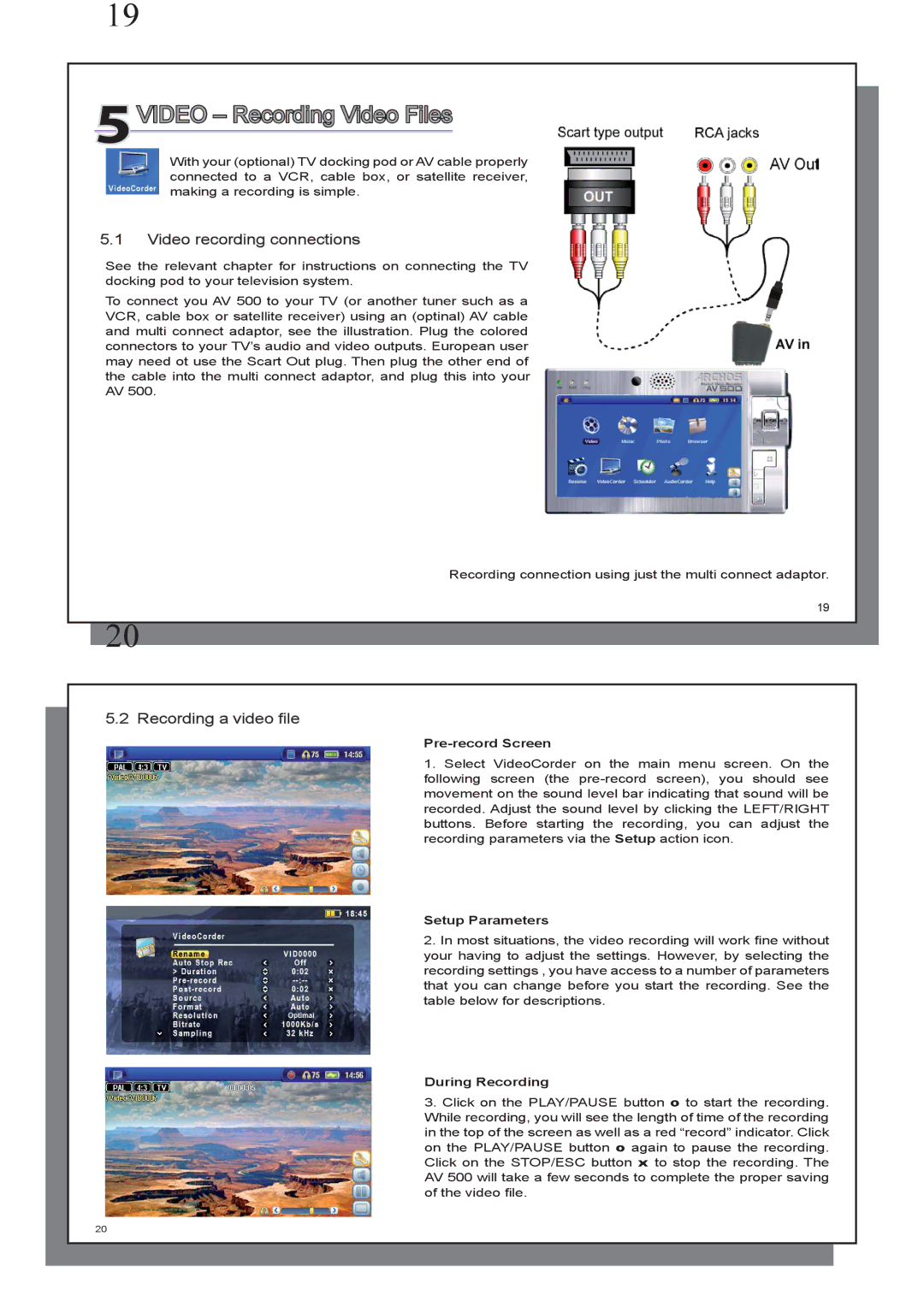 Archos AV 500 series user manual 5VIDEO Recording Video Files, Video recording connections, Recording a video ﬁle 