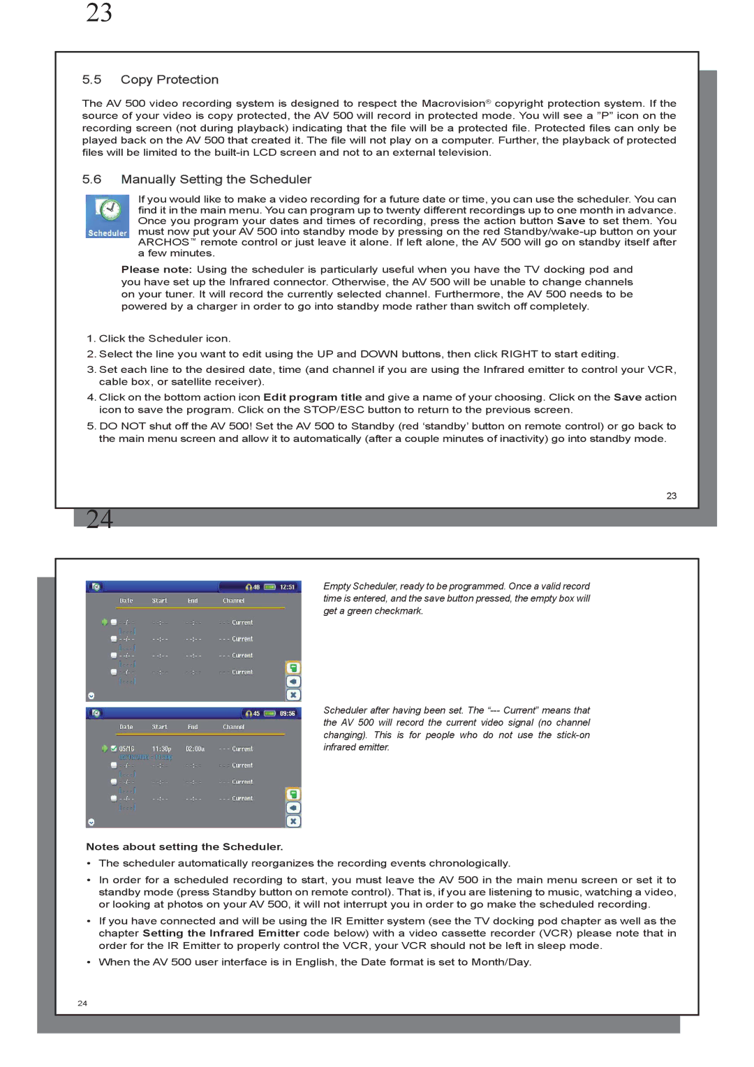 Archos AV 500 series user manual Copy Protection, Manually Setting the Scheduler 