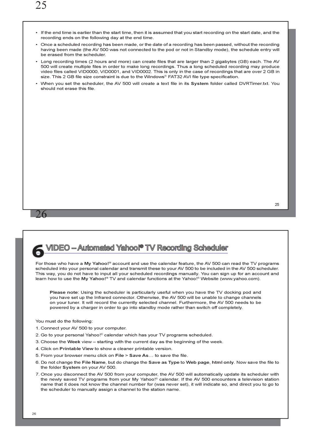 Archos AV 500 series user manual 6VIDEO Automated Yahoo! TV Recording Scheduler 