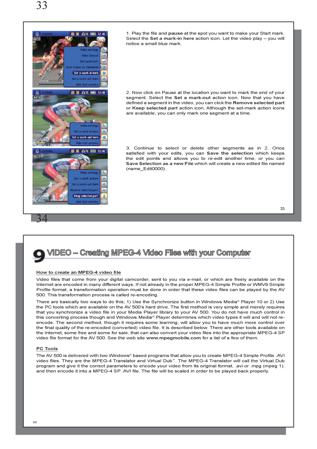 Archos AV 500 series 9VIDEO Creating MPEG-4 Video Files with your Computer, How to create an MPEG-4 video ﬁle, PC Tools 