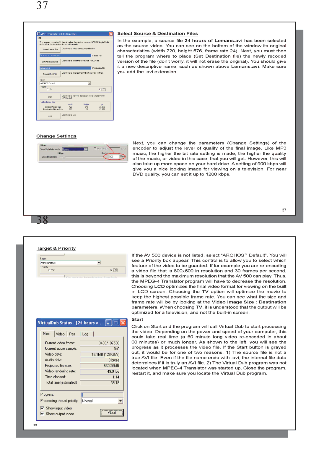 Archos AV 500 series user manual Select Source & Destination Files, Change Settings, Target & Priority, Start 