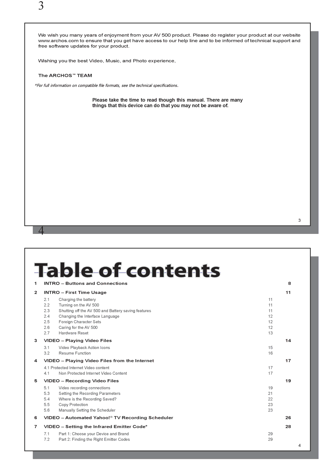 Archos AV 500 series user manual Table of contents 