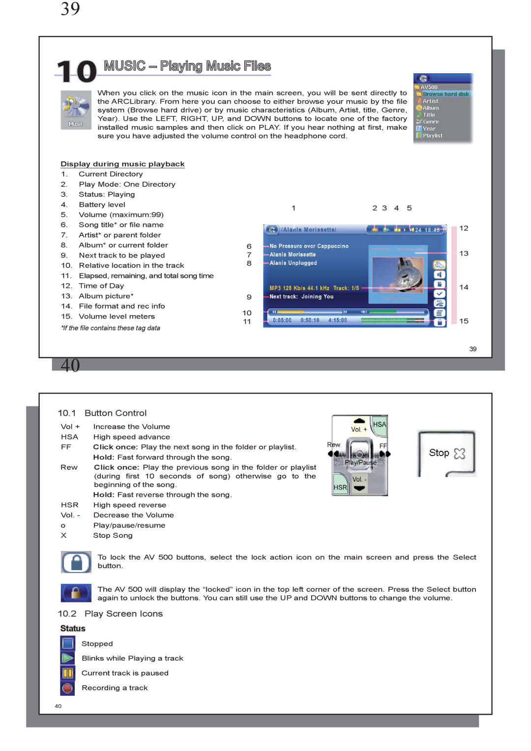 Archos AV 500 series Music Playing Music Files, Button Control, Play Screen Icons, Display during music playback 