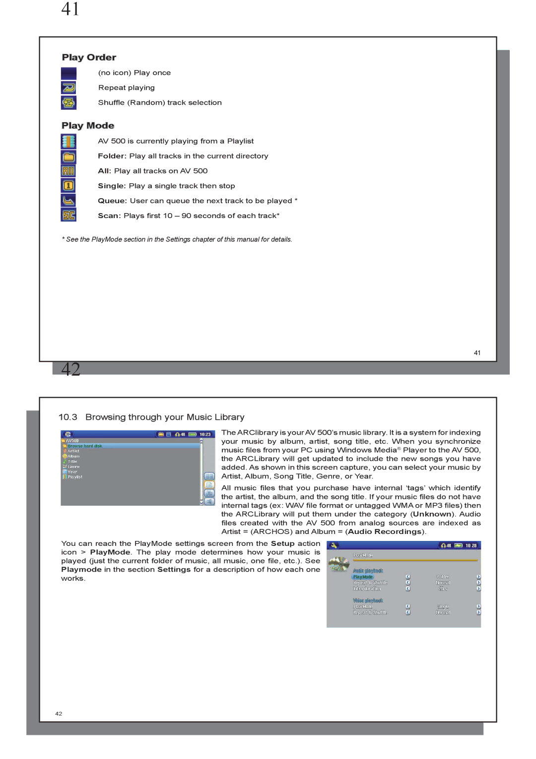 Archos AV 500 series user manual Play Mode, Browsing through your Music Library 