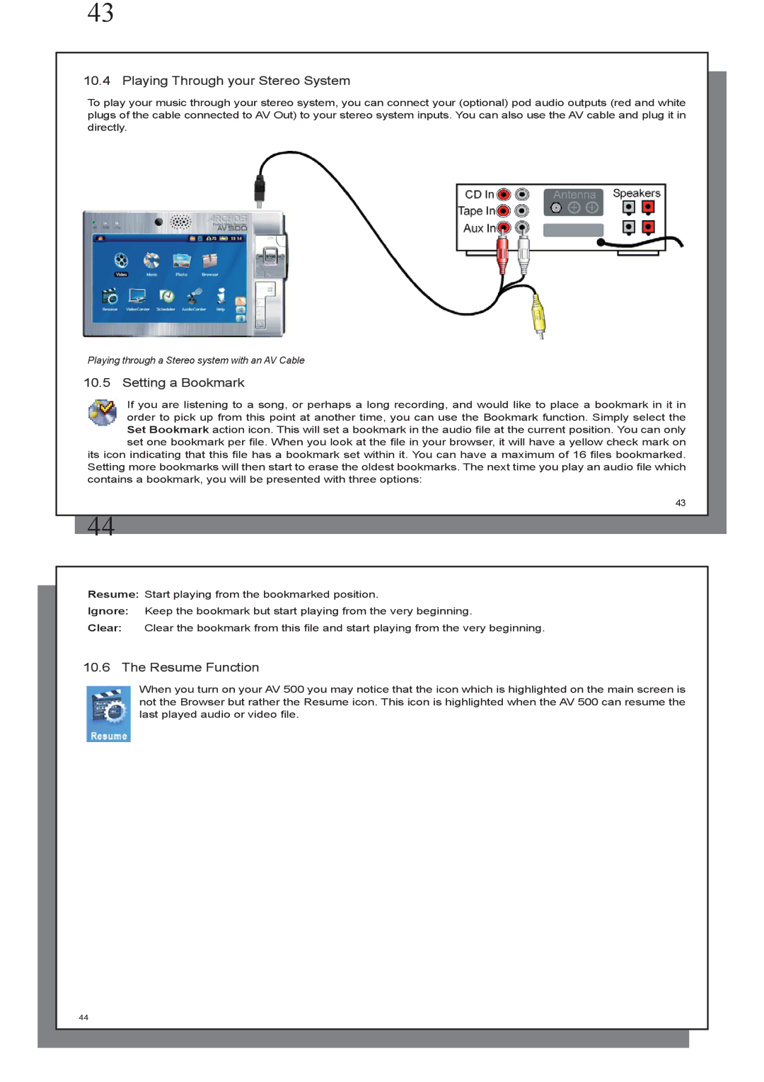 Archos AV 500 series user manual Playing Through your Stereo System, Setting a Bookmark 