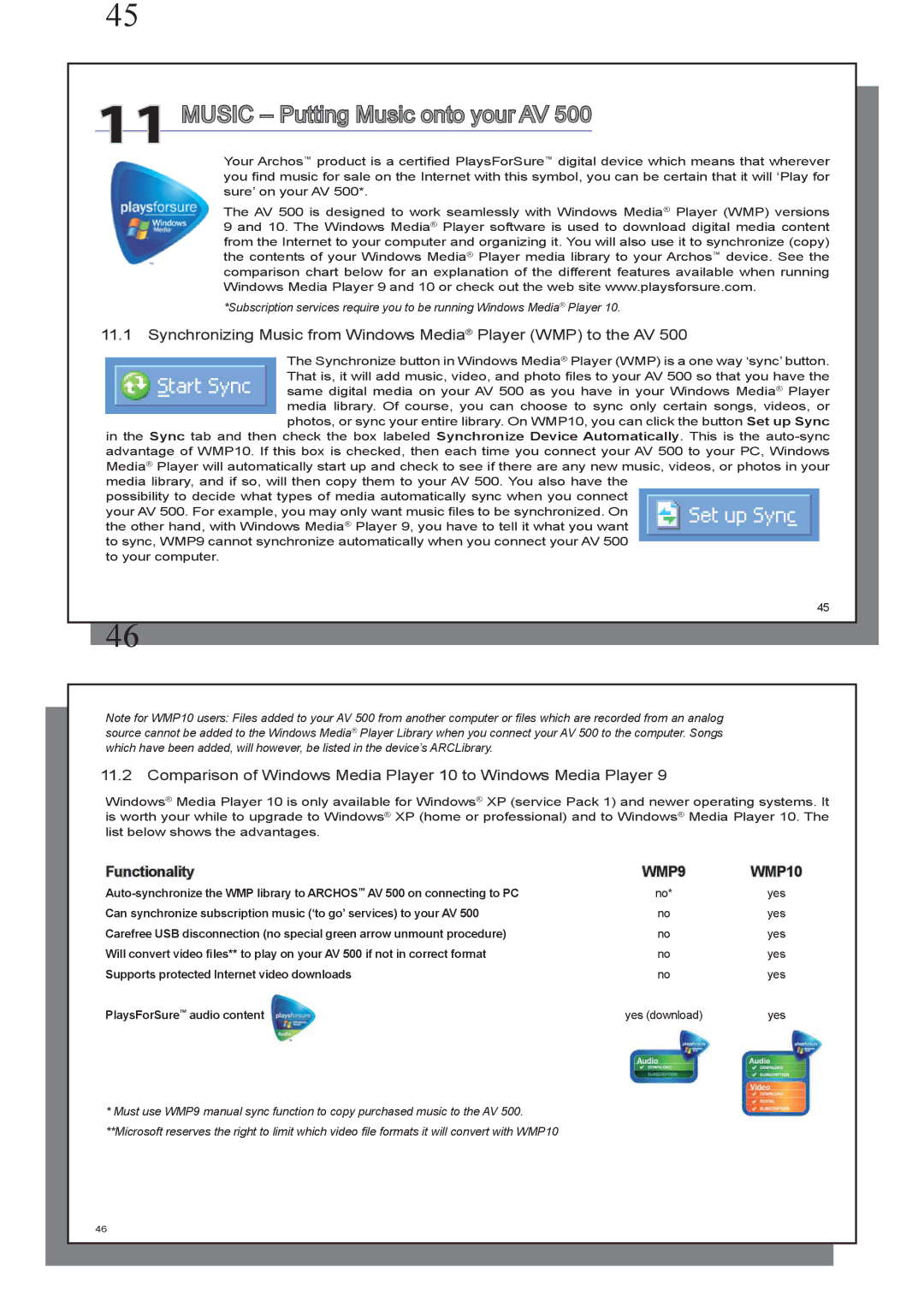 Archos AV 500 series Music Putting Music onto your AV, Synchronizing Music from Windows Media Player WMP to the AV, Yes 