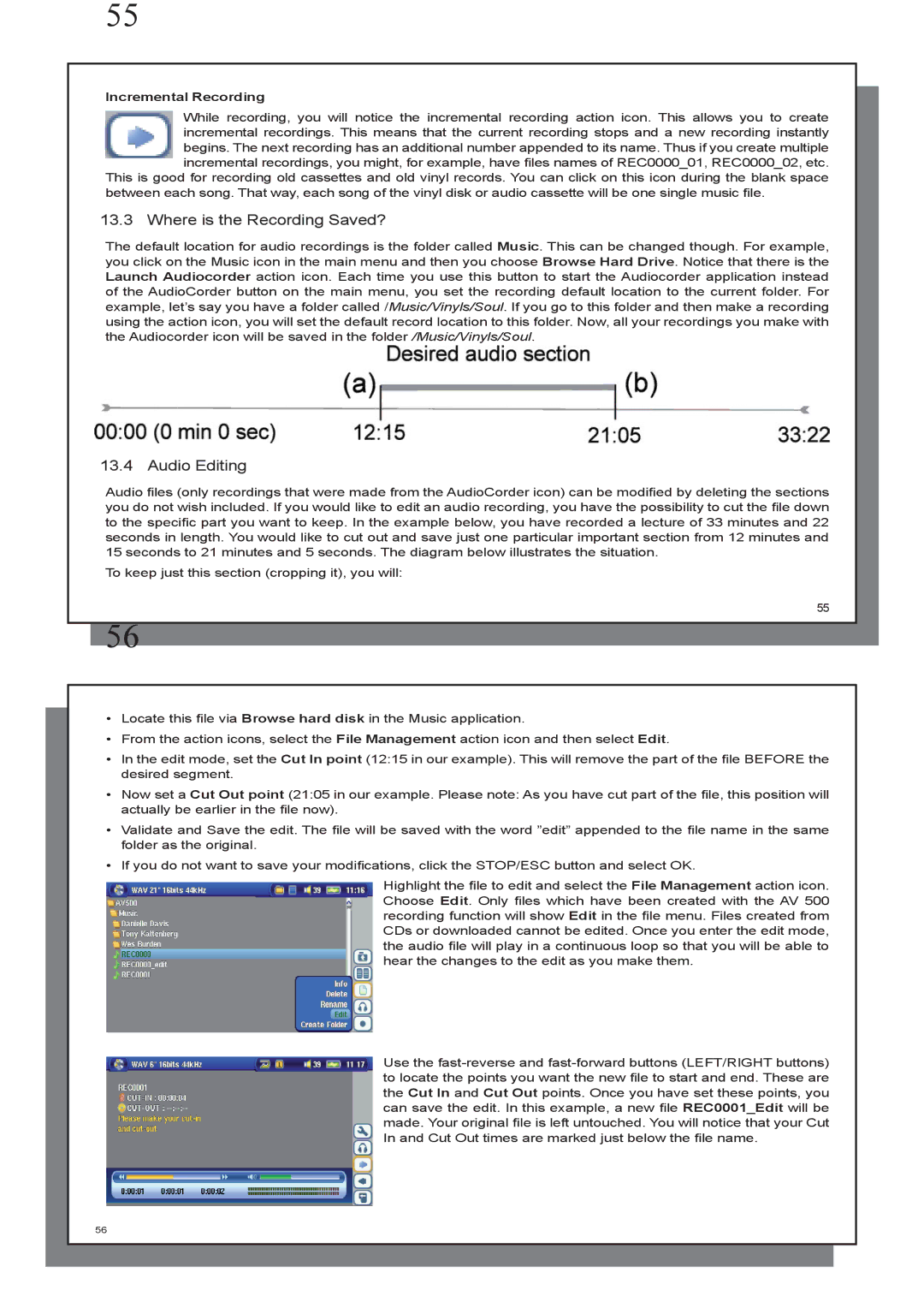 Archos AV 500 series user manual Audio Editing, Incremental Recording 