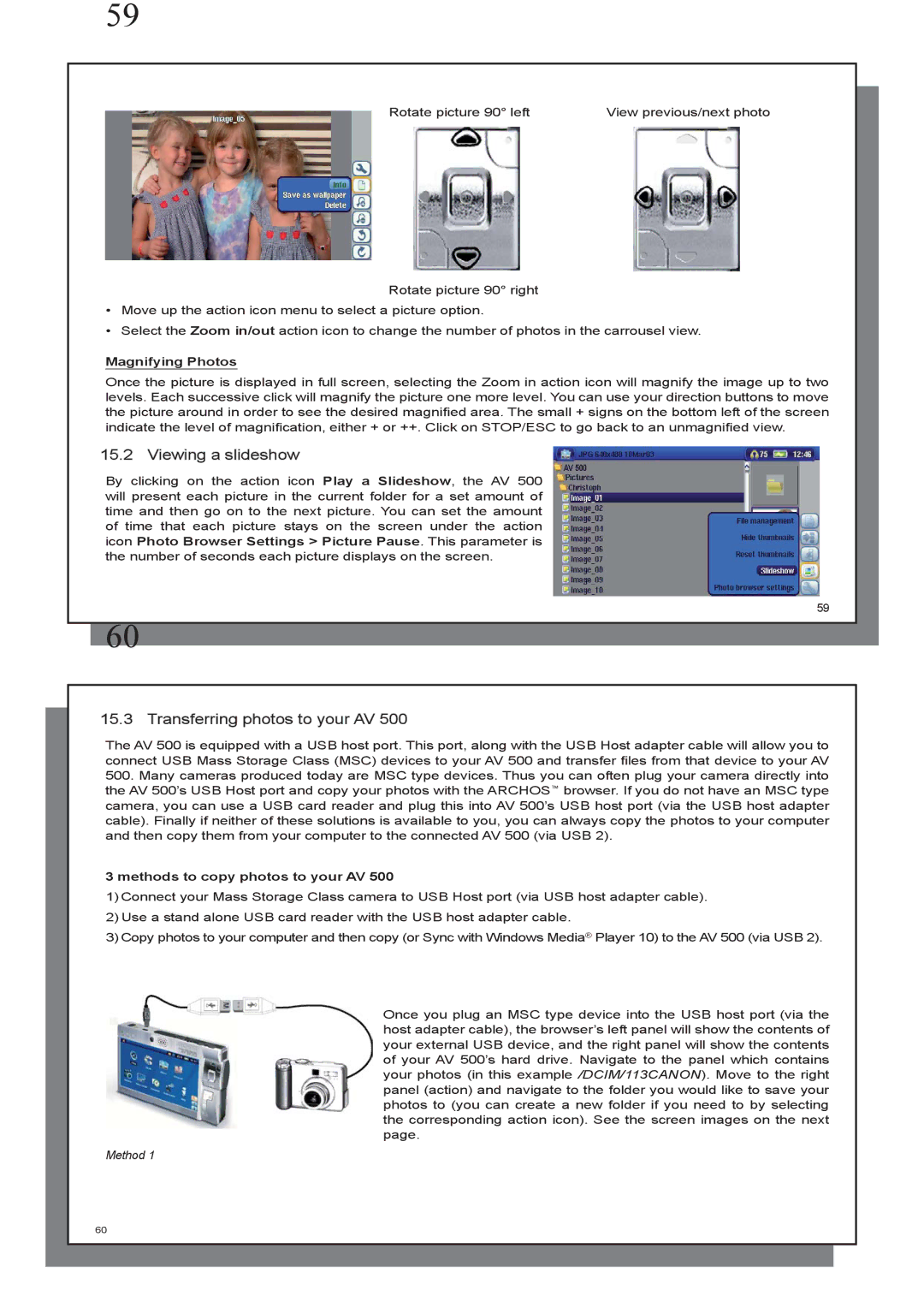 Archos AV 500 series user manual Viewing a slideshow, Transferring photos to your AV, Magnifying Photos 