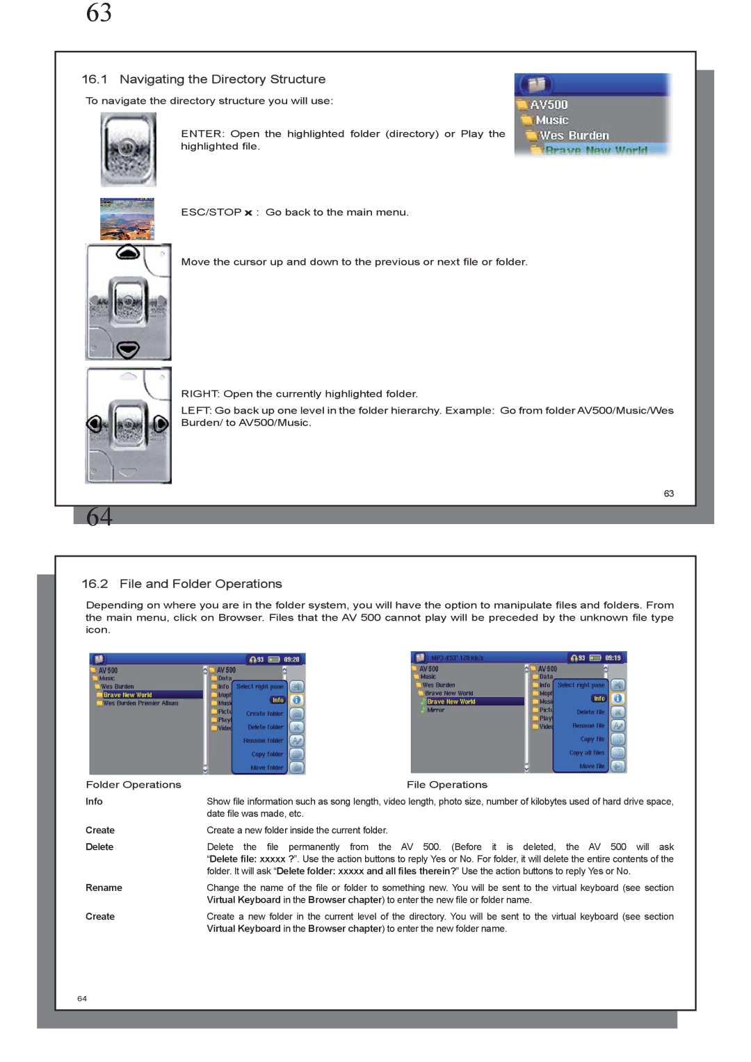 Archos AV 500 series user manual Navigating the Directory Structure, File and Folder Operations, Info, Create, Delete 