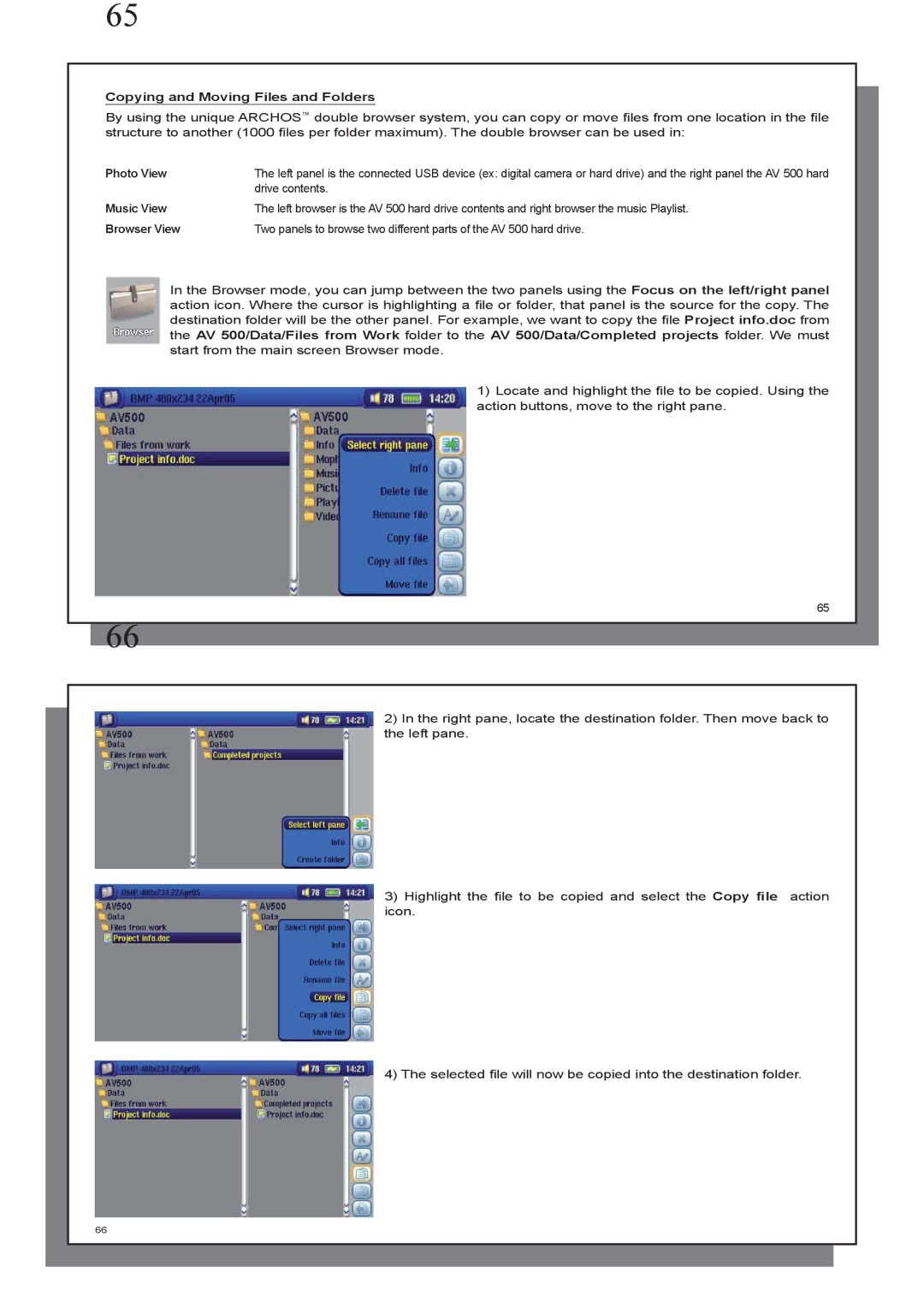 Archos AV 500 series user manual Copying and Moving Files and Folders, Photo View, Drive contents 