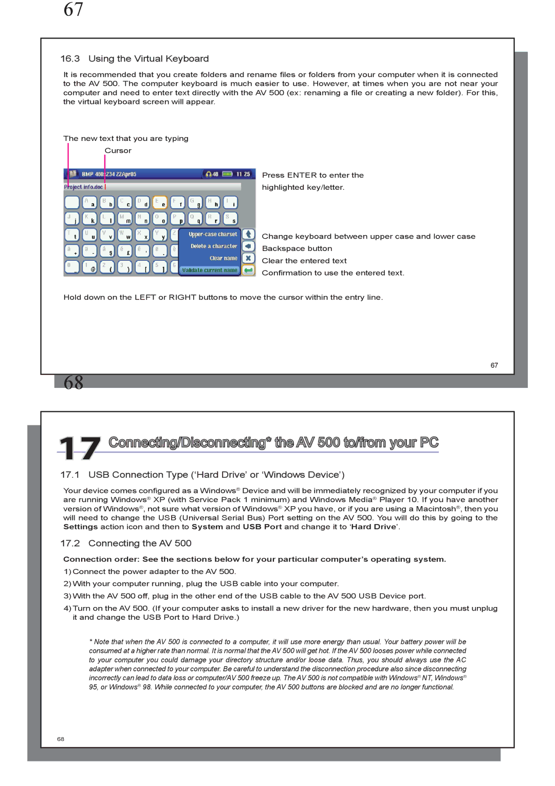 Archos AV 500 series Connecting/Disconnecting* the AV 500 to/from your PC, Using the Virtual Keyboard, Connecting the AV 