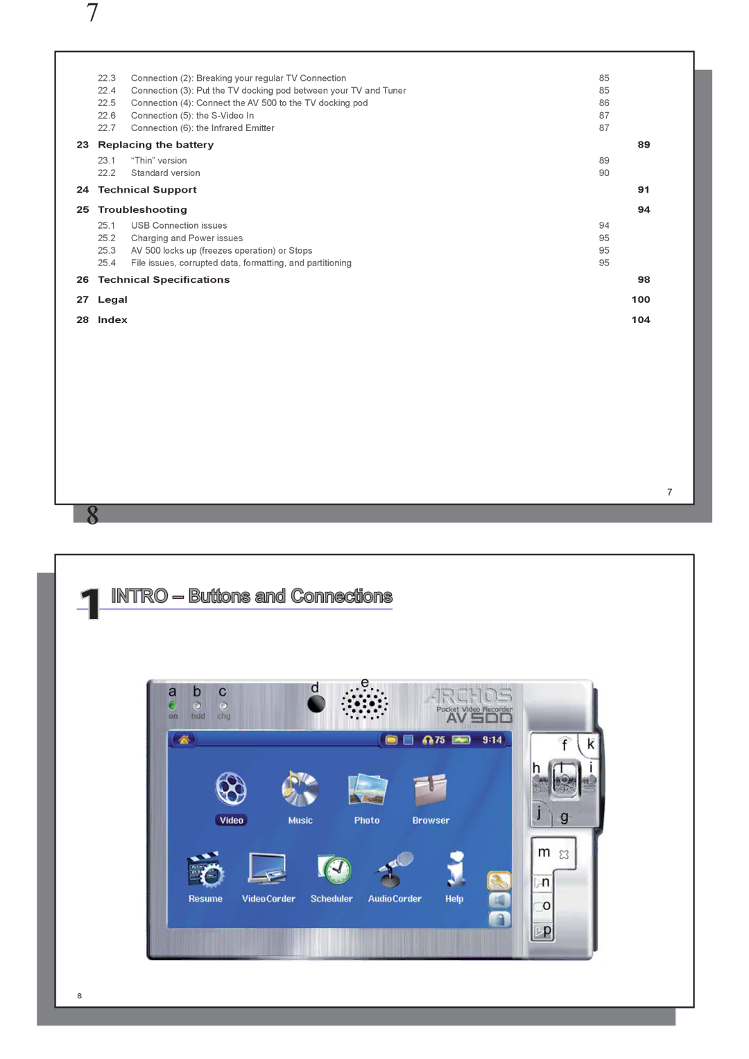 Archos AV 500 series user manual 1INTRO Buttons and Connections, Replacing the battery, Technical Support Troubleshooting 