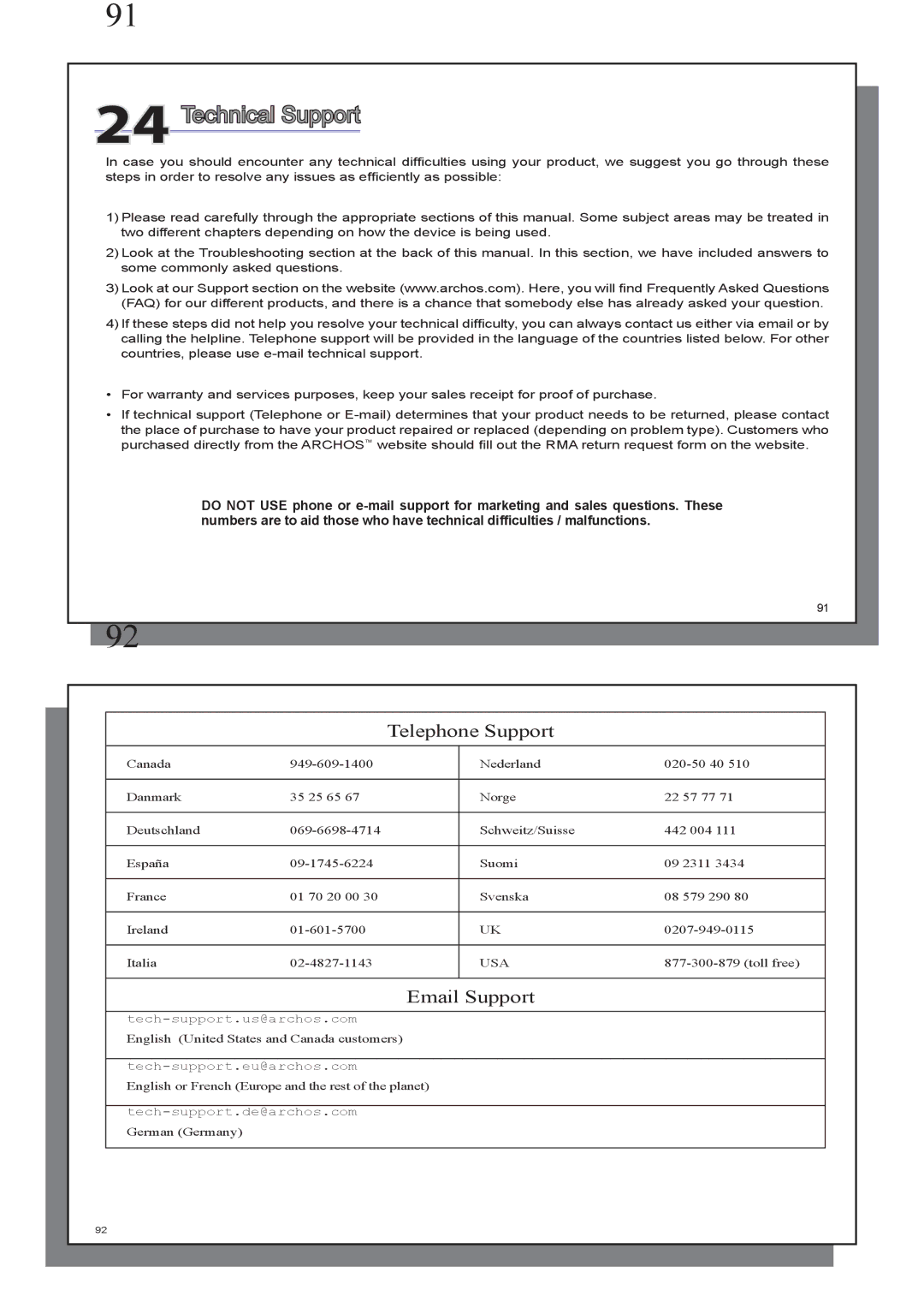 Archos AV 500 series user manual Technical Support, Telephone Support 