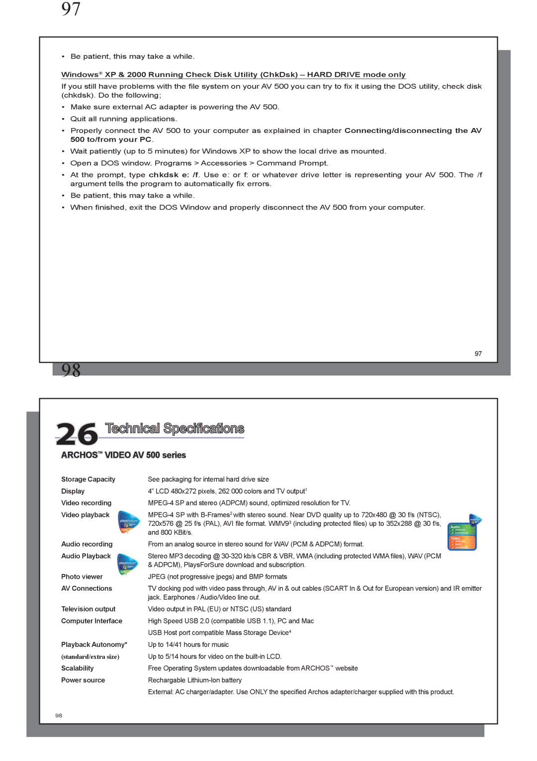 Archos AV 500 series user manual Technical Speciﬁcations 