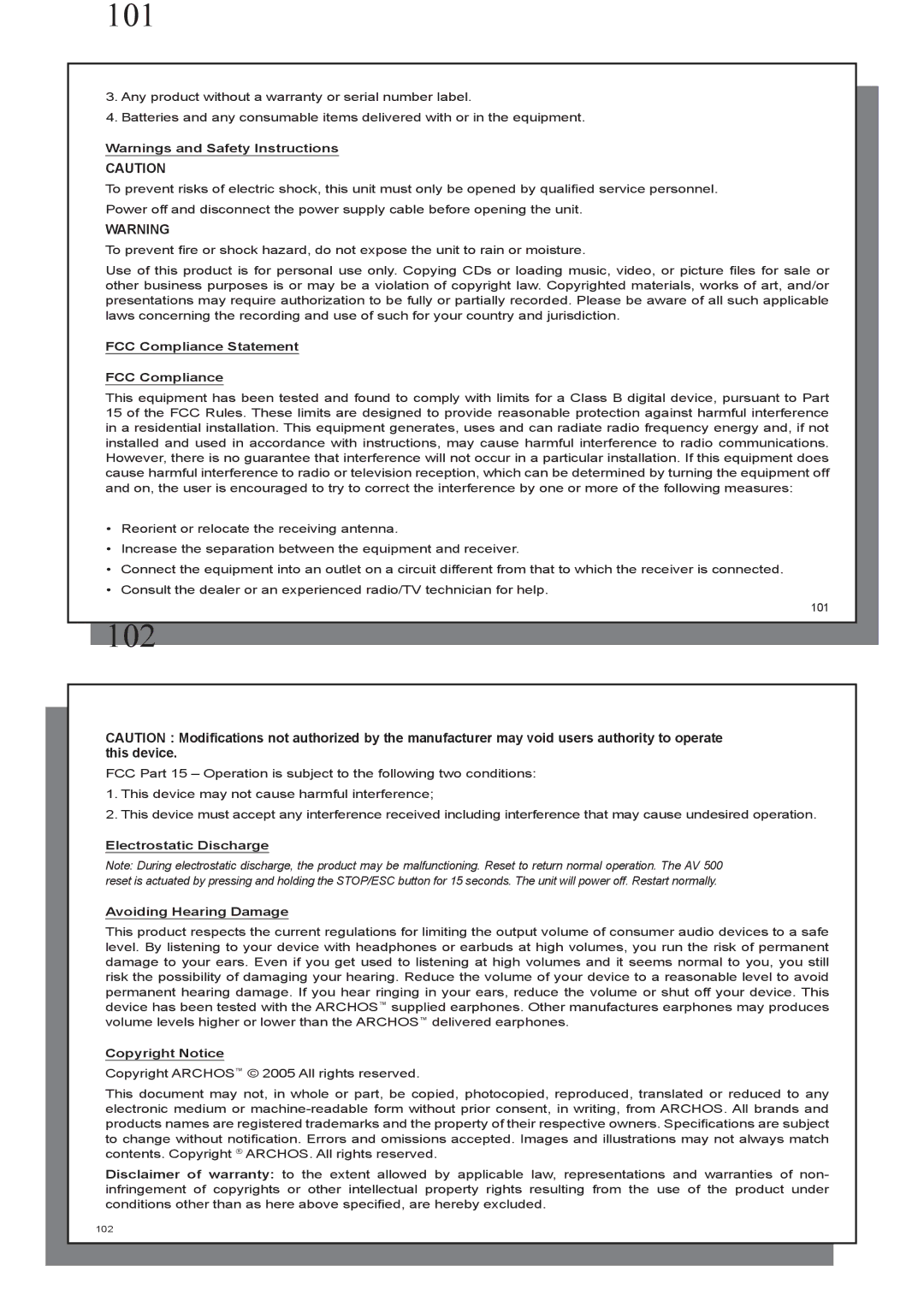 Archos AV 500 series FCC Compliance Statement, Electrostatic Discharge Avoiding Hearing Damage, Copyright Notice 