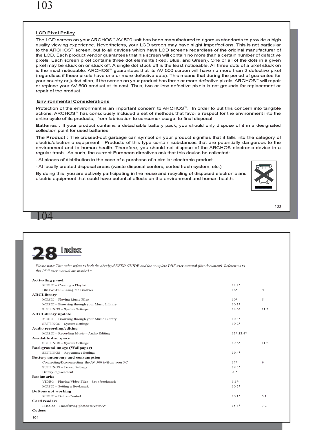 Archos AV 500 series user manual LCD Pixel Policy, Environmental Considerations 